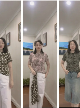 628# 纯桑蚕丝绢丝女士短袖圆领印花上衣 真丝t恤衫
