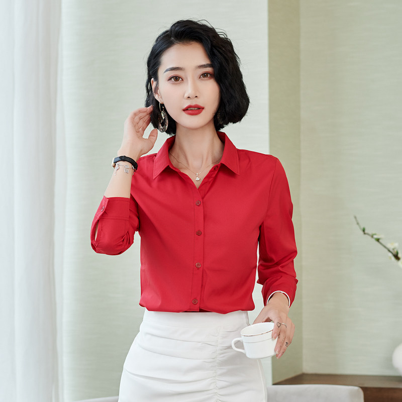 白色衬衫女长袖寸职业衬衣2023春秋新款韩版工作服休闲显瘦红色