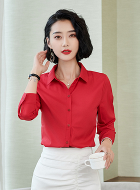 白色衬衫女长袖寸职业衬衣2023春秋新款韩版工作服休闲显瘦红色
