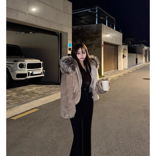 韩国东大门代购狐狸毛帽子连帽秋冬环保皮草外套