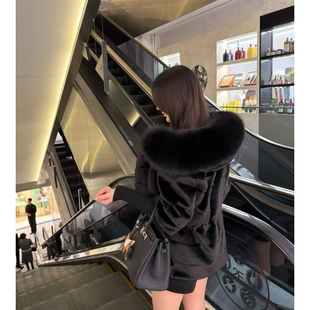 韩国东大门代购高端仿皮草狐狸毛连帽外套五分袖