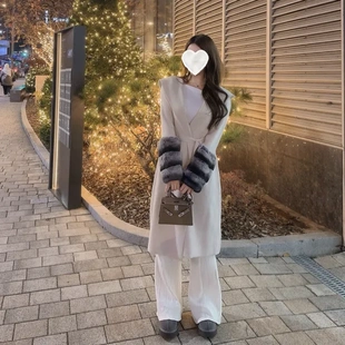 秋冬羊毛针织连帽大衣獭兔外套 韩国东大门代购