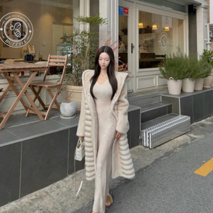 韩国东大门代购秋冬环保仿皮草连帽长款大衣连衣裙