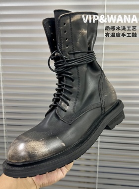 手工鞋头层牛皮真皮系带平底侧拉链马丁靴英伦短靴风厚底中筒女靴