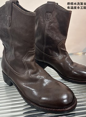意大利工艺复古水洗马皮女靴2025新款秋冬女靴西部牛仔靴真皮女靴