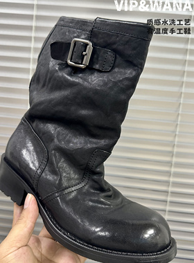 意大利复古手工皮带扣中筒靴女厚底粗跟机车靴黑色堆堆靴真皮女靴
