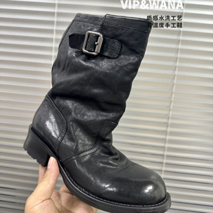 意大利复古手工皮带扣中筒靴女厚底粗跟机车靴黑色堆堆靴真皮女靴