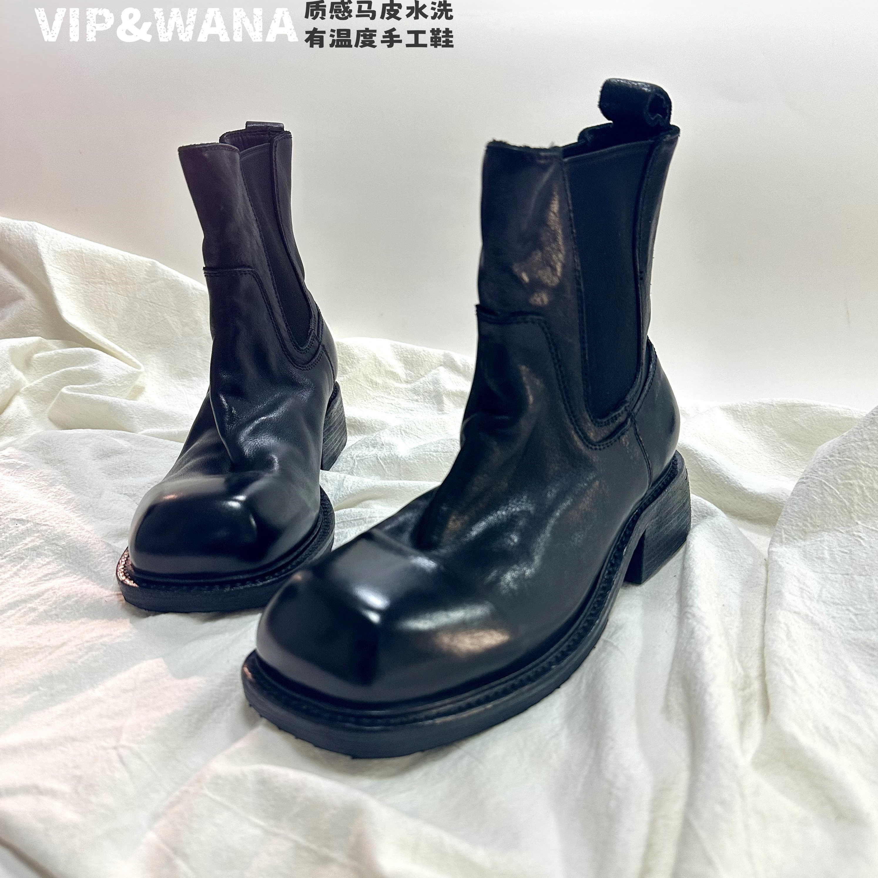 意大利工艺高跟复古马皮水洗女靴2025秋冬真皮女短靴方头5cm女靴