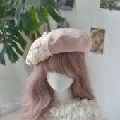 文艺复古羊毛呢子大码 贝雷帽蕾丝蝴蝶结珍珠铆钉手工画家女保暖帽