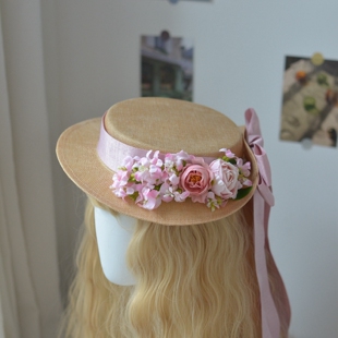 复古宫廷风蝴蝶结飘带花朵蕾丝浅顶旅拍写真女帽子lolita帽胚礼帽