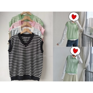 宽松休闲百搭V领条纹针织马夹无袖 包邮 清仓 上衣0.180kg 聆家