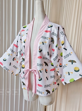 【聆家】浅粉拼色休闲宽松卡通风格五分袖系带开衫0.190g两件包邮