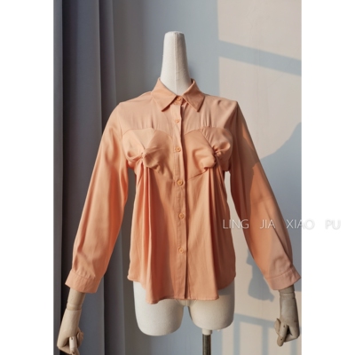 褶皱休闲个性扣长袖聚酯纤维衬衫