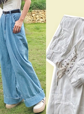 【聆家】ri单贵牌~复古风高腰显瘦百搭阔腿牛仔裤0.650kg两件包邮