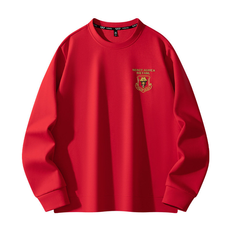 新年喜庆红色t恤衫男棉圆领微阔版型长袖简约纯色t恤男士卫衣帅气