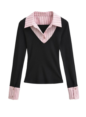 BM MICN假两件长袖上衣女T恤粉色拼接格子polo领修身内搭打底衫