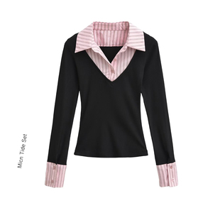 内搭打底衫 上衣女T恤粉色拼接格子polo领修身 MICN假两件长袖