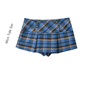 女返校美高高腰显瘦a字百褶JK短裙 复古格子半身裙裤 MICN美式