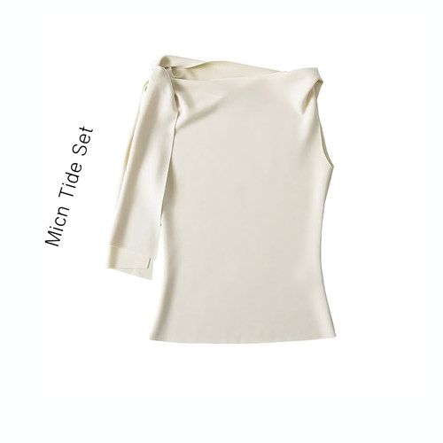 不对称斜肩飘带修身显瘦T恤