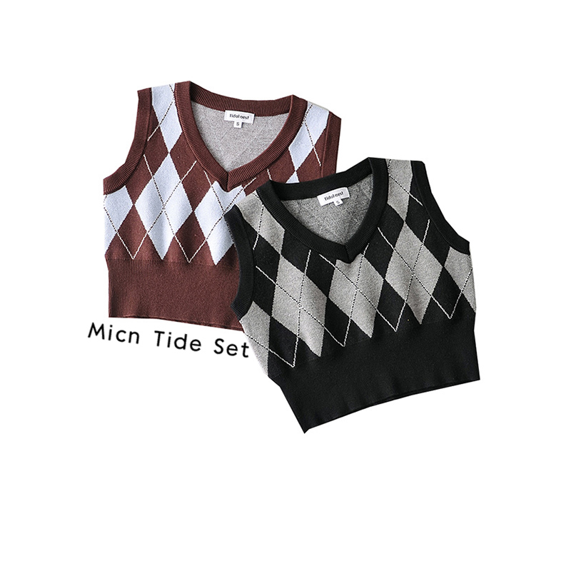 bmmicn~学院风菱格针织衫背心女