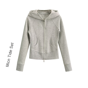 运动瑜伽上衣双拉链开衫 连帽加绒卫衣女秋冬新款 外套 复古修身 美式