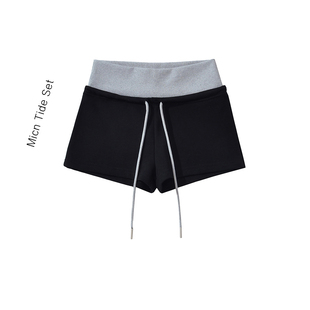 美式低腰撞色拼接设计休闲运动短裤女辣妹显瘦百搭紧身包臀热裤子