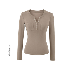 口袋设计感收腰正肩长袖 抓绒上衣女秋冬季 t恤 MICN亨利领打底衫
