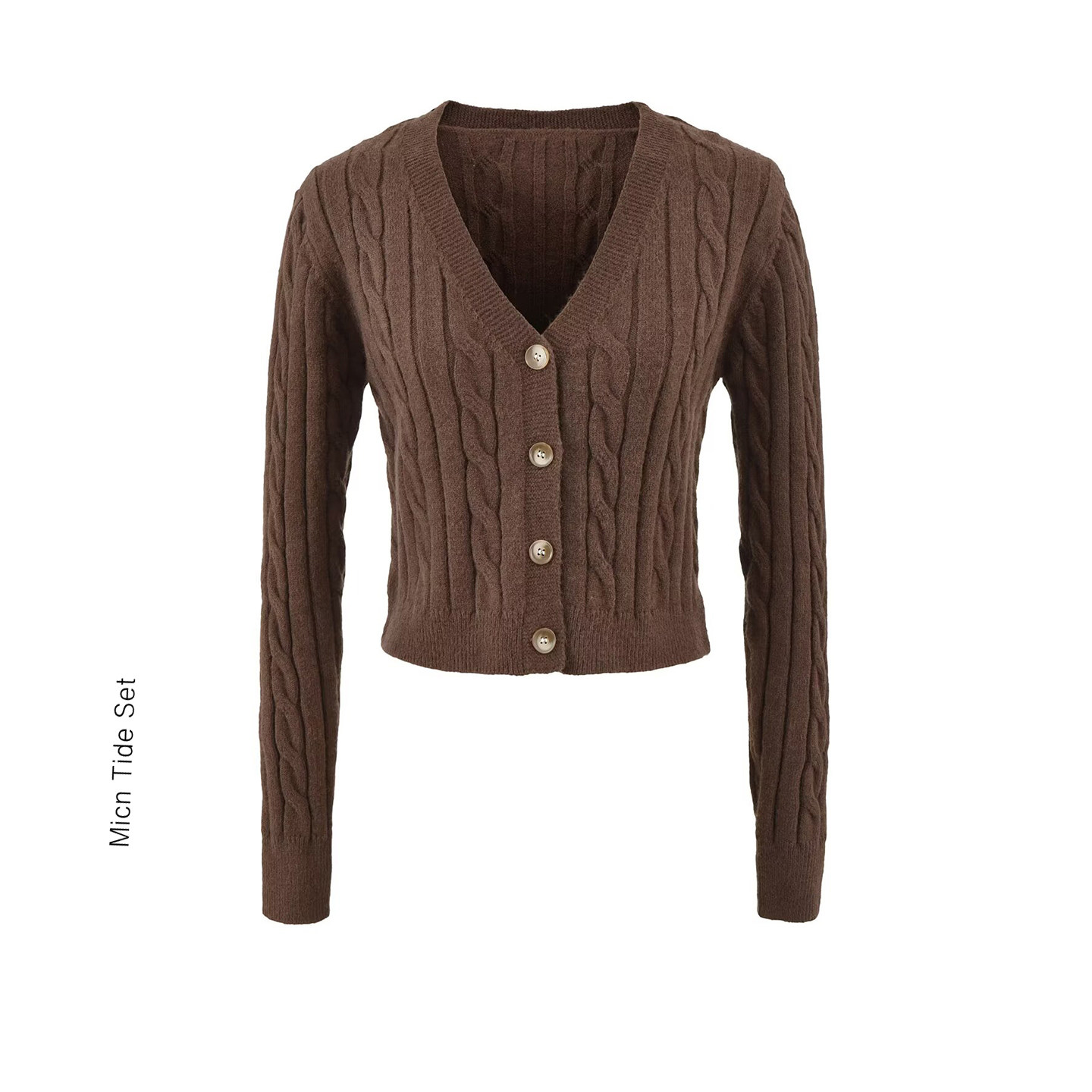 MICN智性学究感V领麻花针织开衫外套女柔软排扣长袖毛衣短款上衣