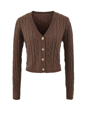 MICN智性学究感V领麻花针织开衫外套女柔软排扣长袖毛衣短款上衣