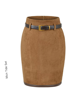 BM MICN焦糖可露丽A字修身百搭包臀短裙麂皮质感纯欲高腰半身裙女