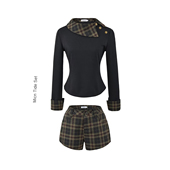T恤女高腰格纹显瘦短裤 MICN韩系老钱风设计感假两件长袖 两件套
