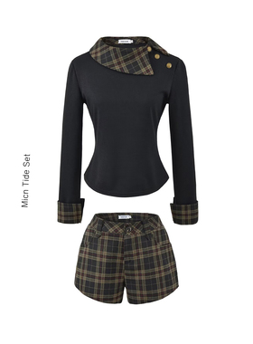 BM MICN韩系老钱风设计感假两件长袖T恤女高腰格纹显瘦短裤两件套