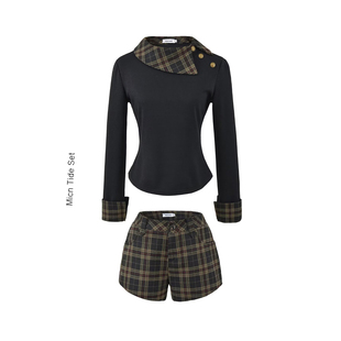 BM MICN韩系老钱风设计感假两件长袖T恤女高腰格纹显瘦短裤两件套