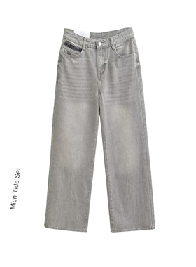 BM MICN美式复古灰色牛仔裤女春季新款波纹垂感宽松直筒拖地裤子