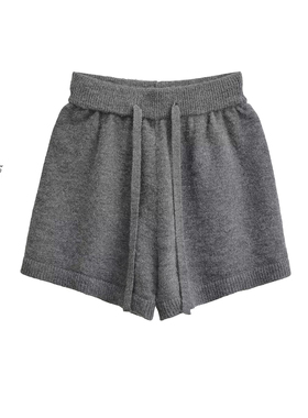 简约基础款高腰宽松阔腿羊毛针织短裤女松紧腰A字廓形抽绳休闲裤