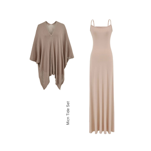 松弛感老钱贵气莱塞尔亚麻针织披肩外套女修身显瘦吊带连衣裙套装