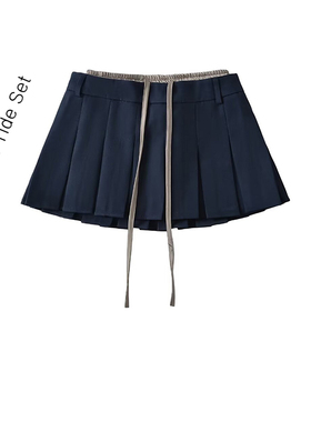 设计感学院风假两件裙裤拼色抽绳百褶短裙女百搭显瘦休闲半身裙子