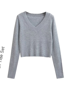 简约风毛衣女秋小个子收腰显瘦内搭V领高腰短款针织打底衫上衣