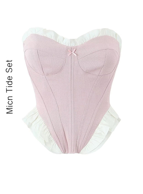 越南博主性感甜美抹胸鱼骨修身别致小吊带粉色木耳边百搭小上衣女