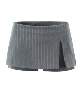 BM MICN办公室lady灰色条纹西装裙裤女假两件设计感开叉半身短裙