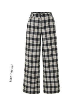 老钱风松弛感撞色加厚西裤女黑白格纹阔腿裤低腰宽松垂感休闲长裤