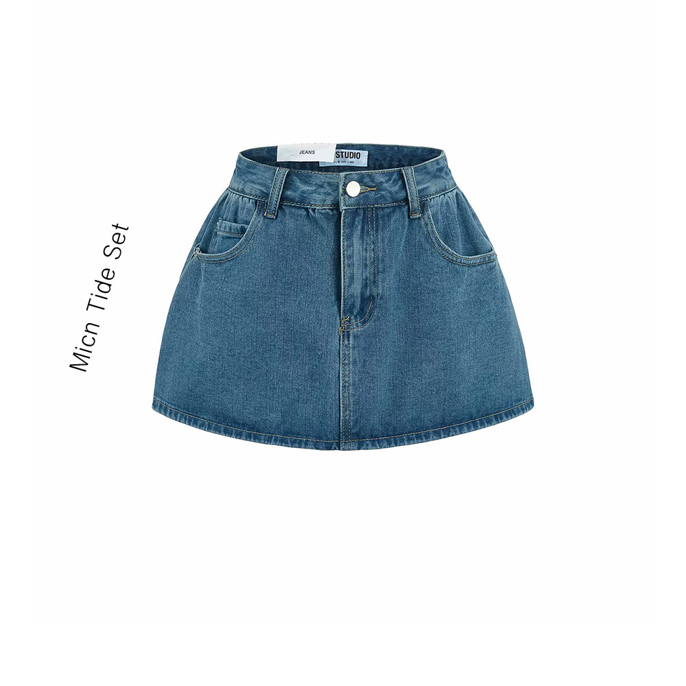 辣妹性感防走光褶皱牛仔短裙女夏新款紧身显瘦裙裤a字包臀半身裙