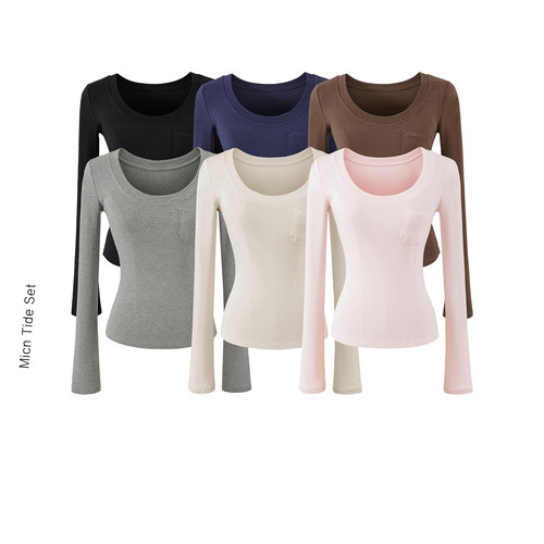 复古设计感单口袋长袖T恤女