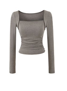 芭蕾系假两件修身设计感方领上衣女春季收腰紧身显瘦内搭长袖T恤