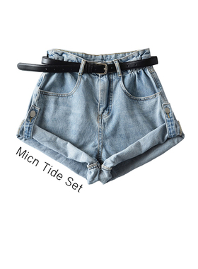 欧美复古宽松卷边显瘦辣妹热裤松紧高腰性感a字牛仔短裤女夏季