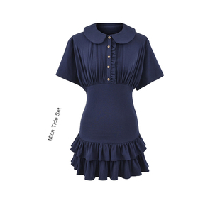 连衣短裙简约收腰显瘦蓬蓬裙 MICN学院少女纯色POLO领排扣短袖
