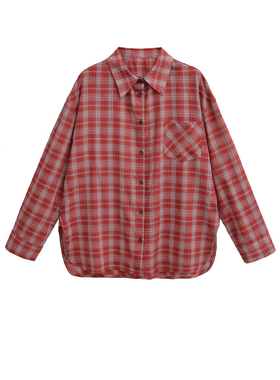 MianCun复古红色格子长袖衬衫女慵懒韩系ins宽松休闲开衫衬衣外套