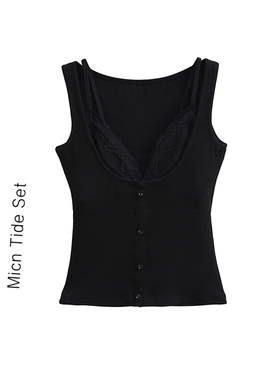 BM MICN黑色蕾丝性感深V吊带背心女夏修身显瘦短款假两件辣妹上衣