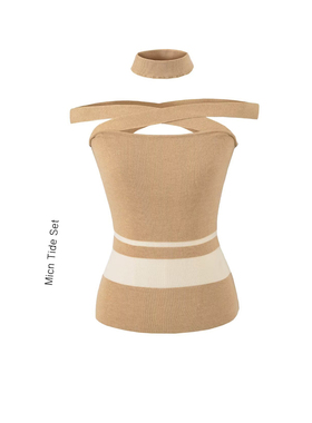 MianCun美神降临杏色毛织拼接漏肩t恤女收腰性感气质背心打底上衣