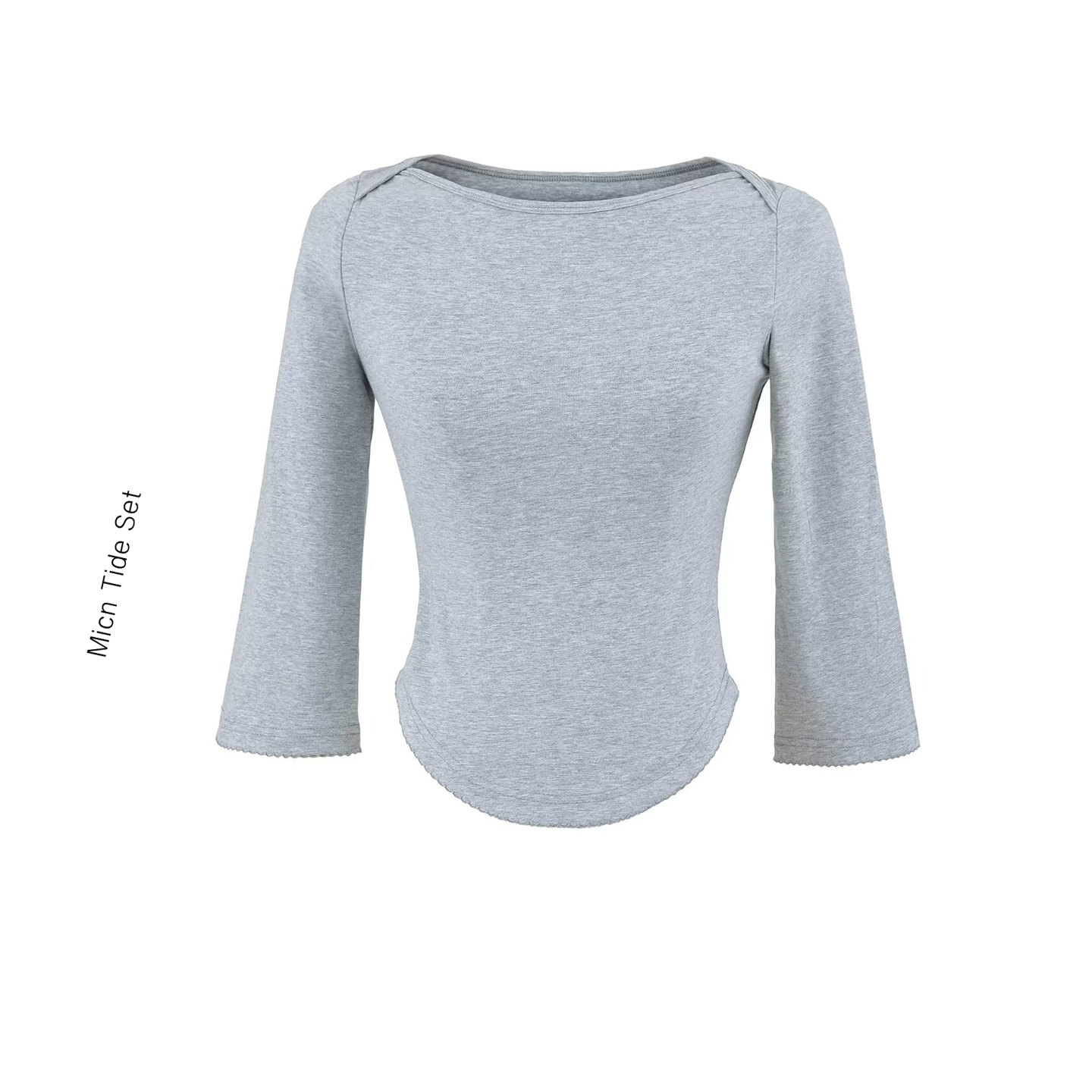 海狸风扇贝花边绣花船领七分袖T恤女一字肩实穿修身喇叭袖上衣